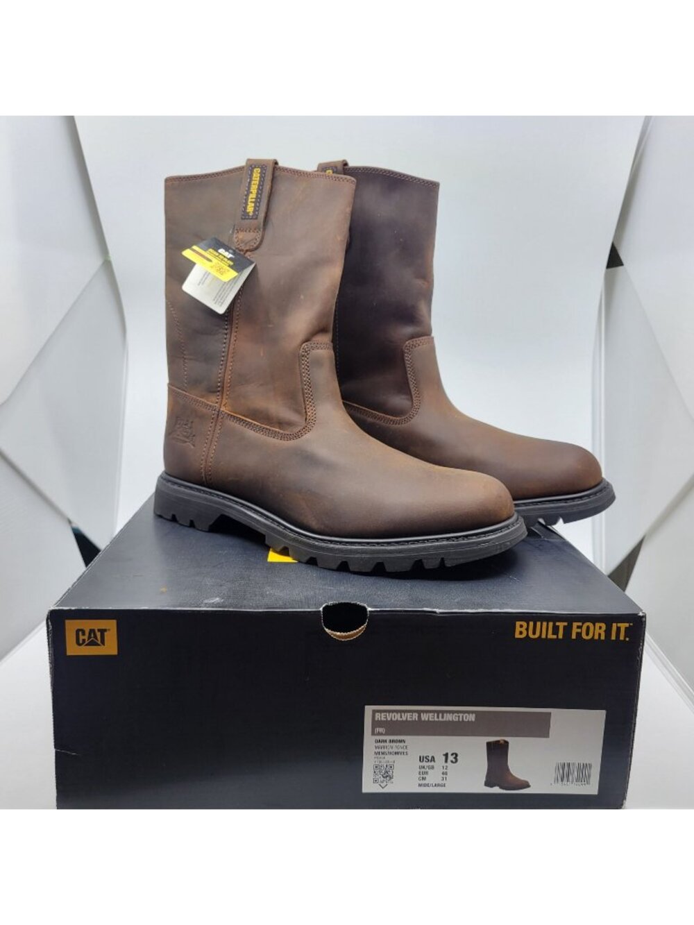Caterpillar CAT Work Boots Mens Size 13 Revolver Soft Toe Wellington Brown Leath
